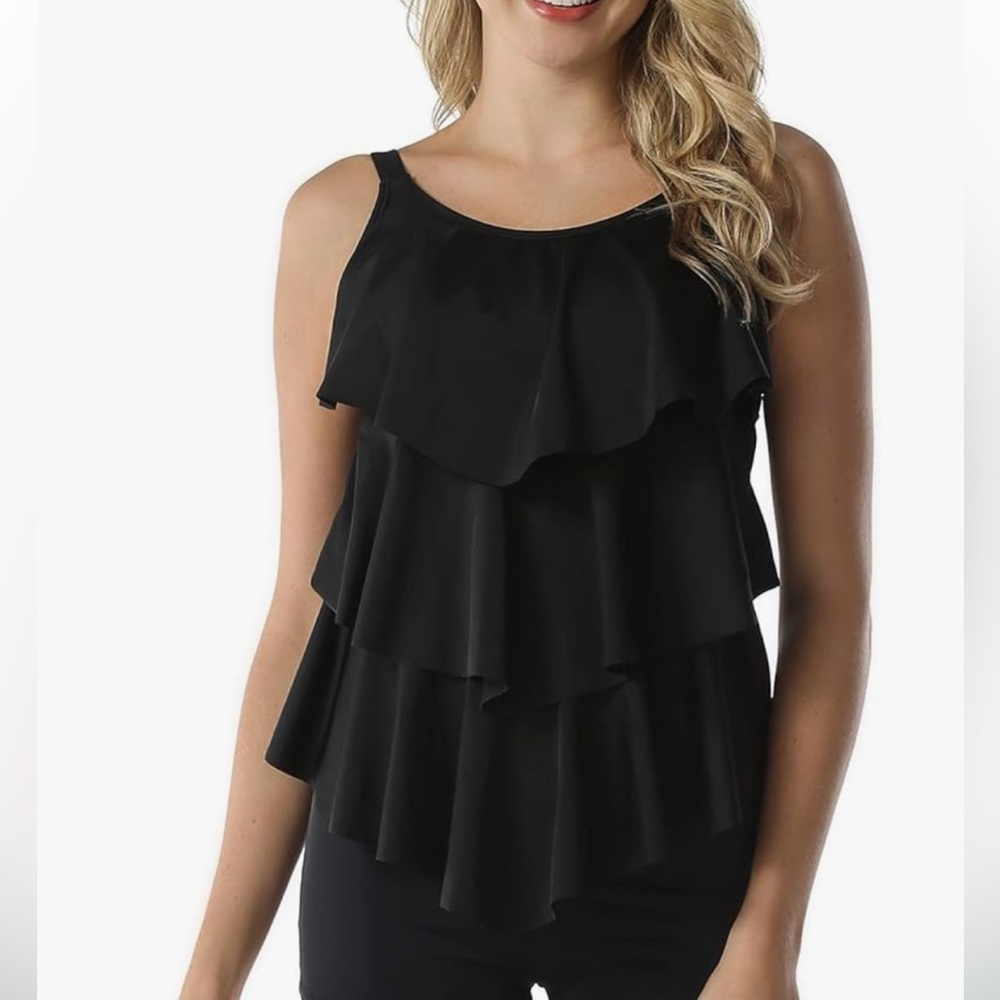 SEPTANGLE 3 TIERED TANKINI SWIM TOP WITH PADDED BRA INSERTS BLACK SIZE 8 NWT